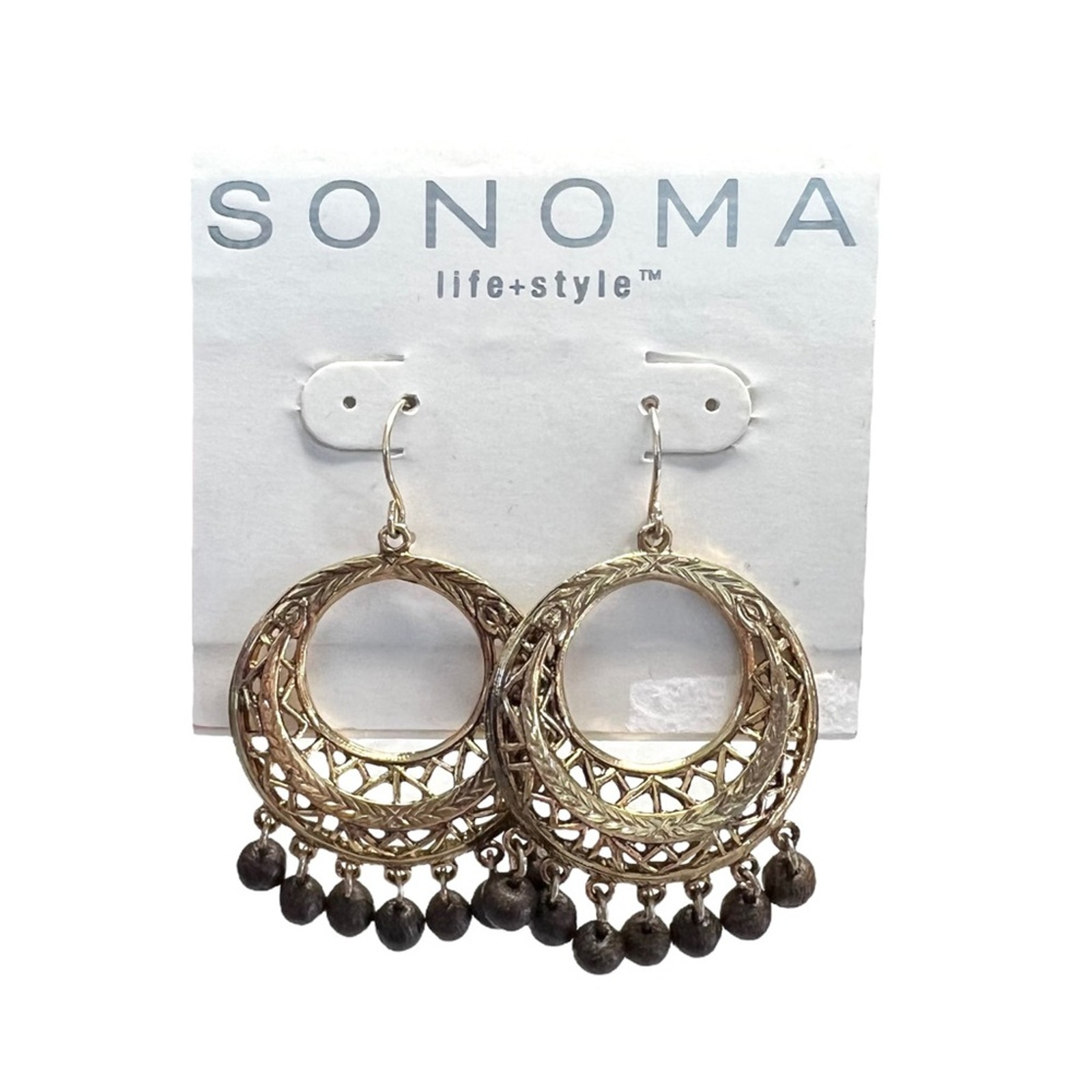 Y2k Sonoma Boho Beaded Dangle Gold Tone Hoop Circular Earrings